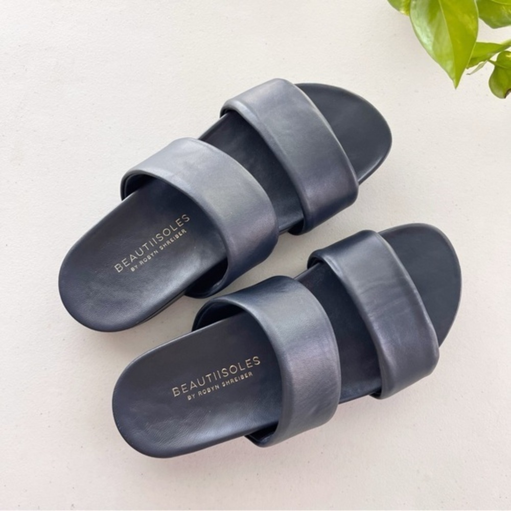 Beautiisoles Navy Blue Double-Strap Leather Minimalist Summer Slide Sandals